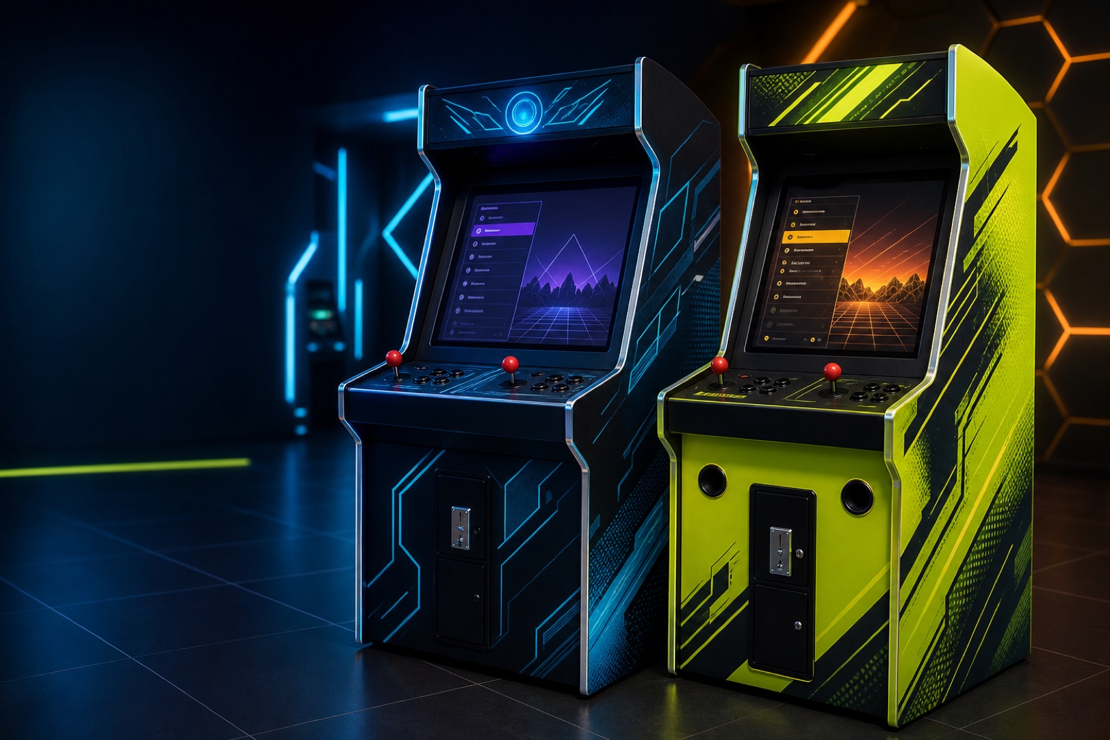 Two custom upright arcade cabinet build concepts with neon styling